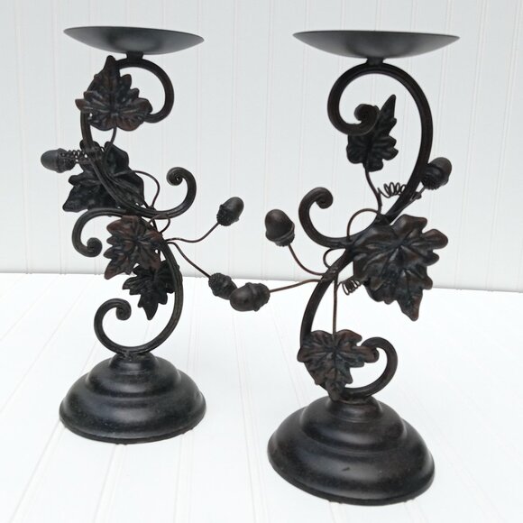Metal Bronze Acorn Grape Leaf Candlestick Pair Pillar Candle Holder Thanksgiving - Picture 5 of 16
